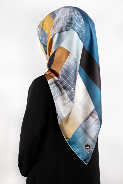 VİOLLA Twill Geometrik Desenli İndigo Renkli 90x90 Eşarp (İpek İçermez) Kenar...
