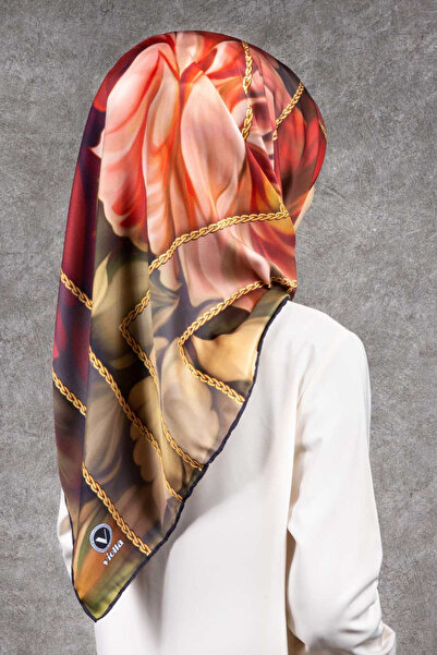 VİOLLA Twill Gül Desenli Bordo - Vizon Renkli 90x90 Eşarp (İpek İçermez) Kena...
