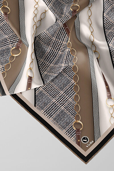 VİOLLA Twill Kemer Desenli Vizon Renkli 90x90 Eşarp (İpek İçermez) Kenar Diki...