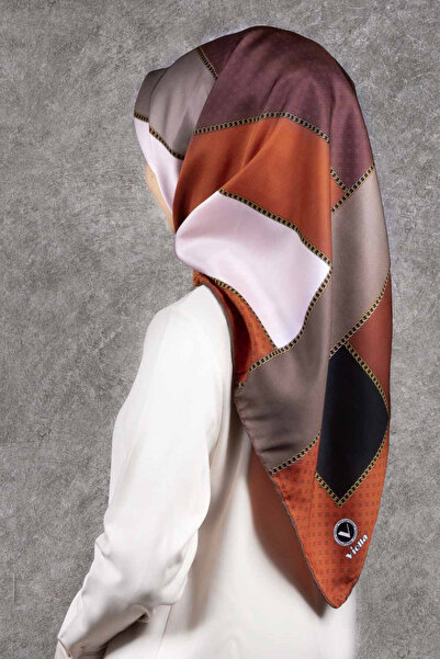 VİOLLA Twill Geometrik Desenli Bordo - Siyah Renkli 90x90 Eşarp (İpek İçermez...