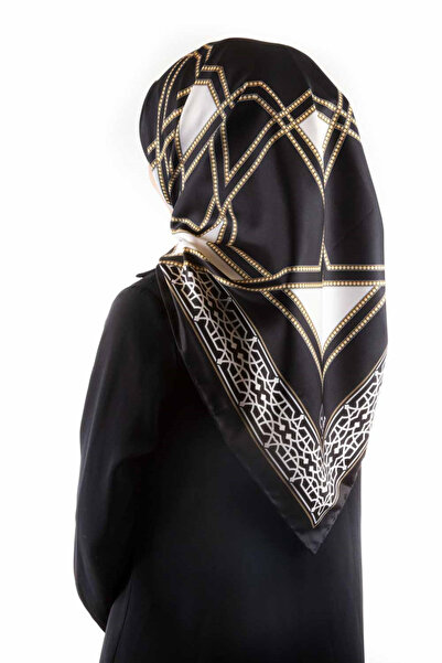 VİOLLA Twill Osmanlı Çini Desenli Siyah Renkli 90x90 Eşarp (İpek İçermez)Kena...