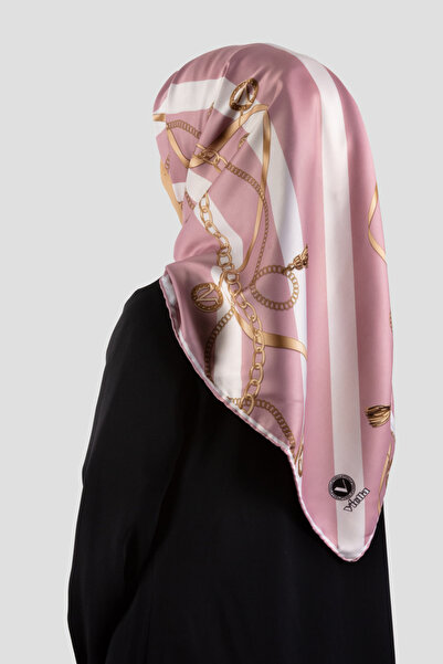 VİOLLA Twill Çizgili Kemer ve Zinci Desenli Pudra Renkli 90x90 Eşarp (İpek İç...