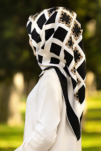 VİOLLA وشاح مربع الشكل مزين باللون الذهبي - أسود - كريمي اللون مقاس 90x90 (لا...