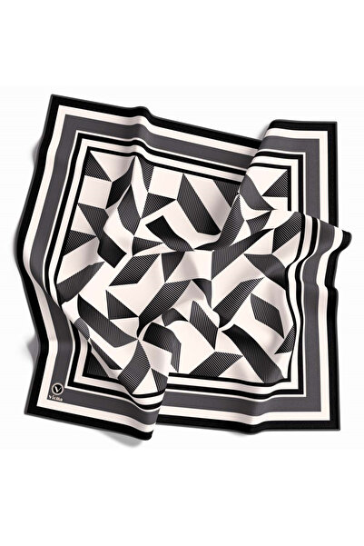 VİOLLA Twill Geometrik Desenli Füme Renkli 90x90 Eşarp (İpek İçermez) Kenar D...