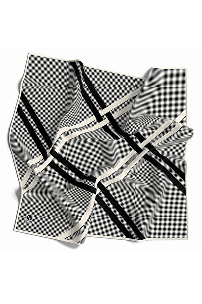VİOLLA Twill Çizgili Pötikareli Çizgili Desenli Krem Renkli 90x90 Eşarp (İpek...