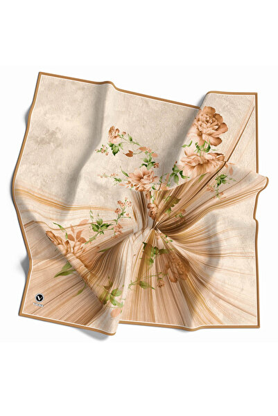 VİOLLA Twill Çiçekli Desenli Hardal Renkli 90x90 Eşarp (İpek İçermez) Kenar D...