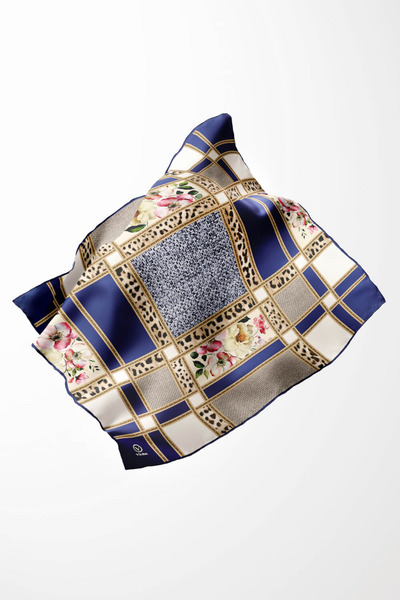 VİOLLA Twill Leopar ve Çiçek Desenli Lacivert - Krem Renkli 90x90 Eşarp (İpek...