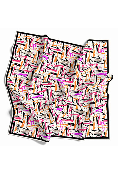 VİOLLA Twill Geometrik Desenli Pembe - Turuncu Renkli 90x90 Eşarp (İpek İçerm...