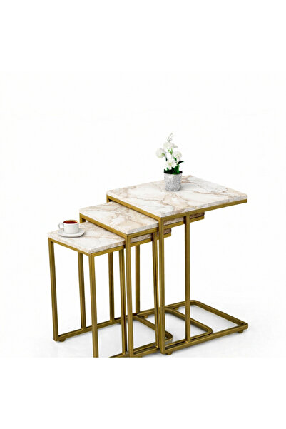 Riyes Tasarım Ahşap 3’lü Tekerlekli Zigon Sehpa Seti – Gold Metal Ayaklı – Mo...