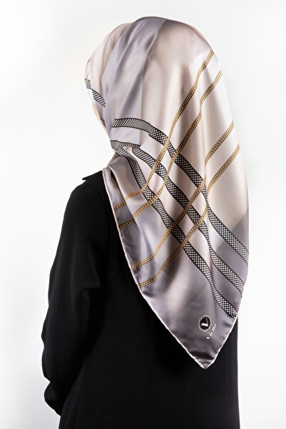 VİOLLA Twill Geometrik Desenli Gri - Bej Renkli 90x90 Eşarp (İpek İçermez) Ke...