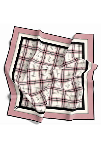 VİOLLA Twill Ekose Desenli Pudra Renkli 90x90 Eşarp (İpek İçermez) Kenar Diki...
