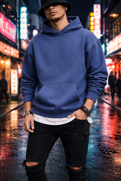 Souris سويت شيرت رجالي إنديجو O قصة فضفاضة K بغطاء رأس 3 خيوط ش مبطن بالصوف م...