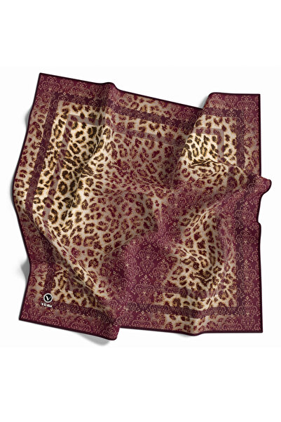 VİOLLA Twill Leopar Desenli Mürdüm Renkli 90x90 Eşarp (İpek İçermez) Kenar Di...