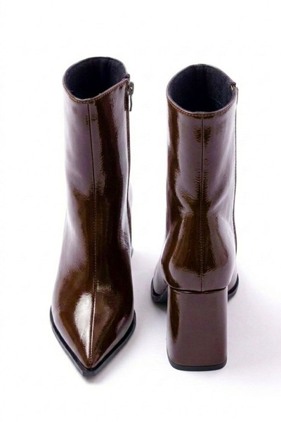 simplicity Sivri Burun Kalın Ökçe Yandan Fermuarlı Kırışık Rugan Acı Kahve To...