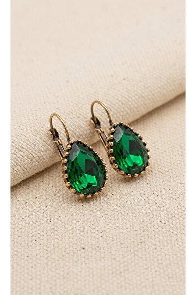 Süspüs Accessories Büyük Boy Yeşil Taşlı Damla Otantik Küpe