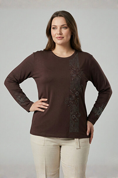 Ravencia Women's Stripe Patterned Collar and Skirt Stoned Embroidered Slit Ly...