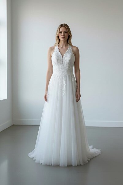 GÖKŞİNK MODA فستان زفاف كبير الحجم بفتحة عنق على شكل حرف V