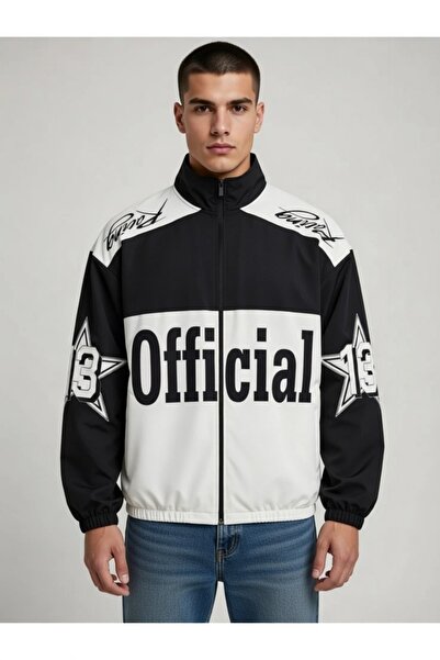 Lushen Siyah Beyaz Official Unisex Paraşüt Kumaş Oversize Baskılı Siyah Rüzga...