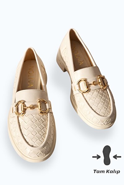 Noliva Kadın Örgü Desenli Gold Zincir Tokalı Kalın Tabanlı Loafer Ayakkabı