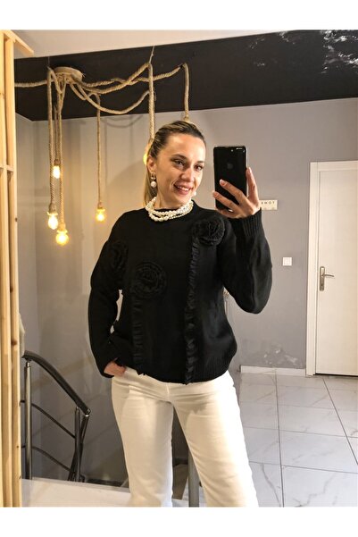 Gözde Tasarım Butik Women's Black Color Circular Neck Sweater with Rose Appli...