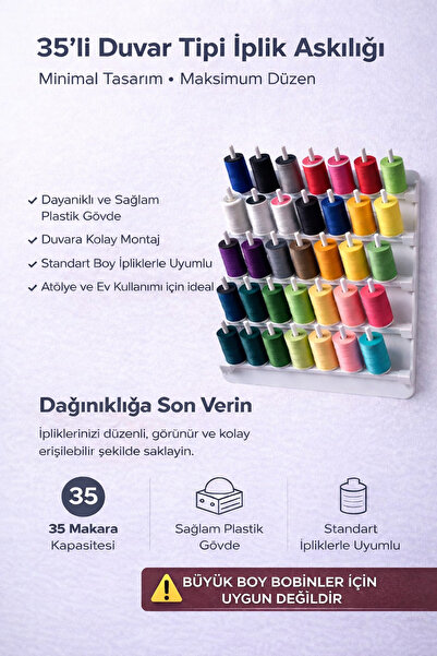 EVORADECO 35’li Duvar Tipi İplik Standı – Dikiş İpliği Makara Askılığı – Bobi...