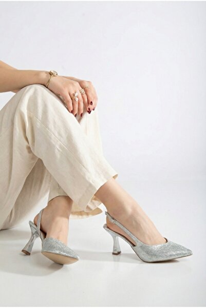 Brielfy Pantofi de vară cu toc cu cataramă argintiu cu vârf ascuțit pentru fe...