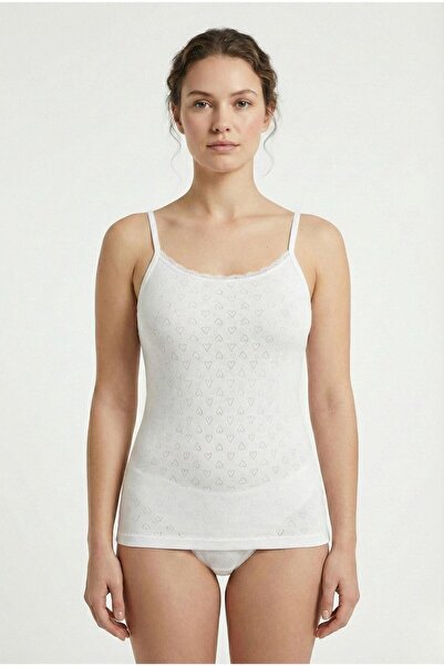 OBJE Beyaz Ip Askılı Ince Dantelli Jakarlı Kalpli Atlet