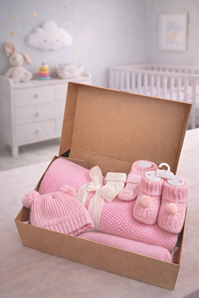 ellsia Bebek Triko Battaniye Bere ve Patik Set