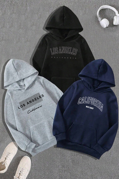 Trend Sizde Black Navy Blue Gray Set of 3 Printed Hooded Sweatshirt