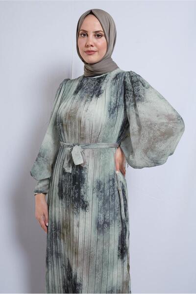 TRENDTESETTÜR KADIN YEŞİL KUŞAKLI ŞİFON ELBİSE T 0985