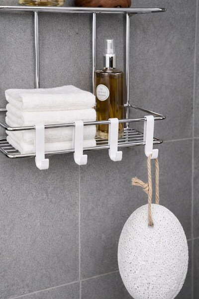 Sas Haus 3 Katlı Krom Yapışkanlı Banyo Rafı, 2 Kancalı Şampuanlık Düzenleyici, Metal Banyo Askısı