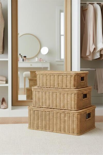 Bayev Favorite 9108 3'Lü Rattan Kapaklı Dekoratif Sepet Set - 3 Boy Hasır Org...