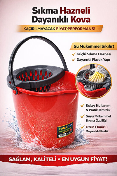 Fanatik Yuvarlak Mop ve Su Kovası Sıkma Hazneli 12 LT Kırmızı Renk