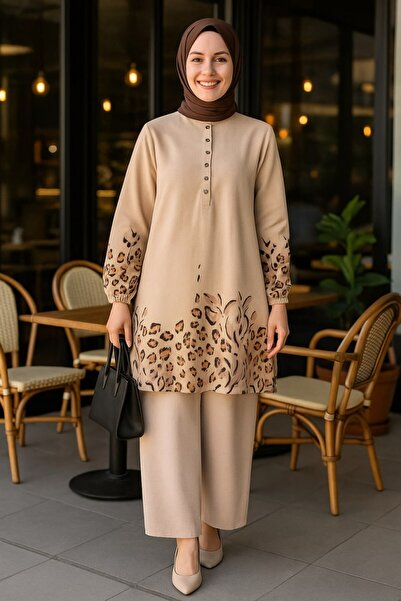 Generic Brand Yonca Takim Viscose Fabric Women's Beige Collar with Openable B...