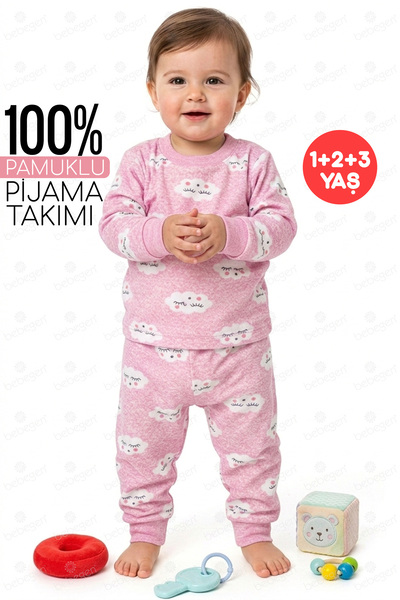 bebegen Kız Bebek Bulut Desenli Alt Üst Pembe 2'li Pijama Takım