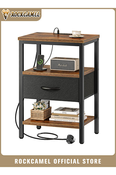ROCKCAMEL Nightstand With UK Socket, Bedside Table, Wood End Table, Modern Ni...