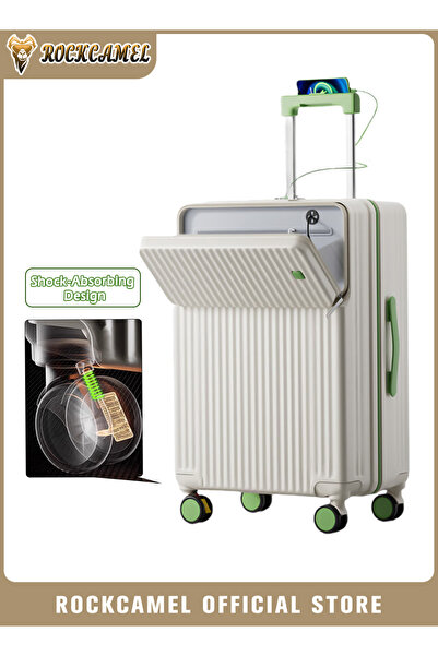 ROCKCAMEL حقيبة سفر خفيف بفتحة أمامية وعجلة ماصّ للصدمات (أبيض، 26 بوصة)