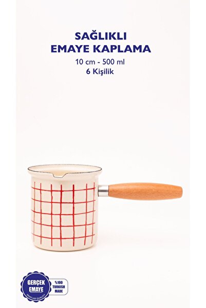 EMAYlab Cupid Kareli Emaye Ahşap Saplı Cezve (500ml-6 kişilik)