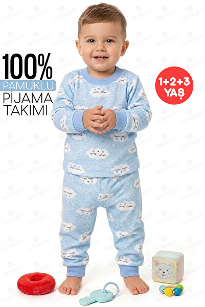 bebegen Erkek Bebek Bulut Desenli Alt Üst Mavi 2'li Pijama Takım