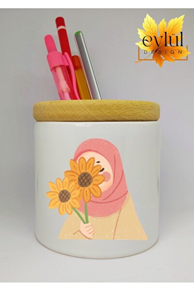 Eylül Design حامل قلم سيراميك مطبوع عليه صورة فتاة محجبة مع هدية عيد ميلاد بت...