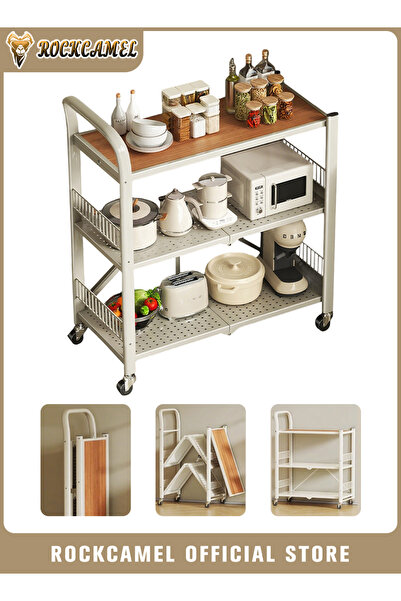ROCKCAMEL 3-Tier Foldable Storage Rack with Handle, Kitchen Storage Shelves, ...