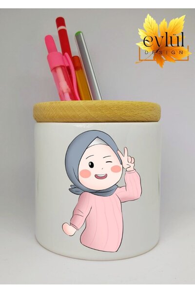 Eylül Design حامل قلم سيراميك مطبوع عليه صورة فتاة محجبة مع هدية عيد ميلاد بت...