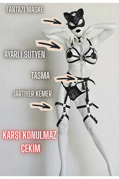 Good Miss 4’lü Siyah Deri Fantazi Set – Maske + Sütyen + Tasma + Jartiyer Takım