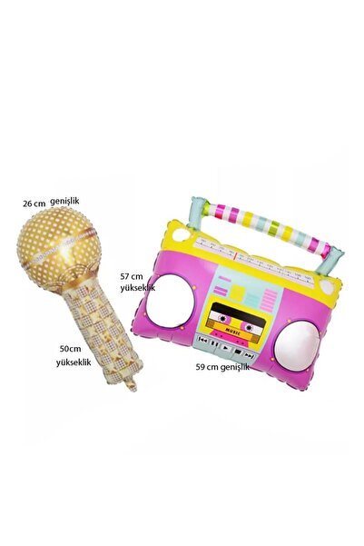 partidolu Retro Disco Altın Mikrofon ve Radyo Kasetçalar Teyp Folyo Balon 2 Adet