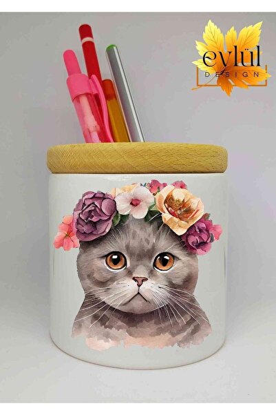 Eylül Design Floral Cat Printed Ceramic Pen Holder Wooden Detailed Makeup Bru...