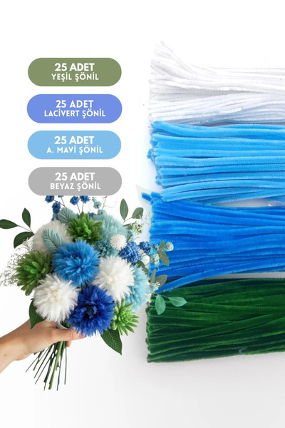 Bimotif 100lü tüylü tel şönil, 30 cm (25er adet Yeşil, P. Mavi, A. Mavi, Beya...