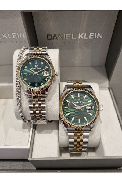 Daniel Klein Sarı Çelik Bilezik  Yeşil kadran Sevgili Kol Saati 2 li