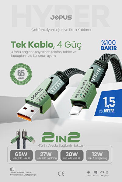 Jopus Hyper 2in2 65W Hızlı Şarj Kablosu - 4in1 Çok Fonksiyonlu Data Kablosu -...