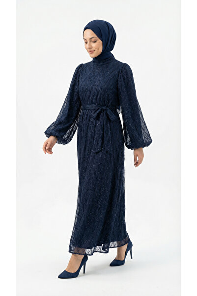BENAHOLL Rochie cu mâneci tip balon cu model valuri argintii Gülhan-PA9818 Bl...