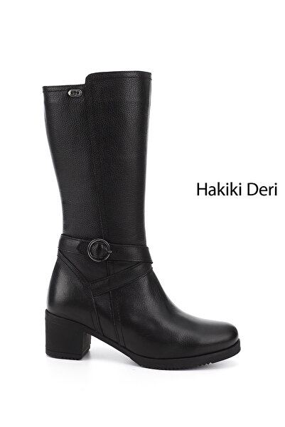 GÖNDERİ(R) حذاء نسائي/بنات أسود من الجلد الطبيعي بسحاب وكعب سميك